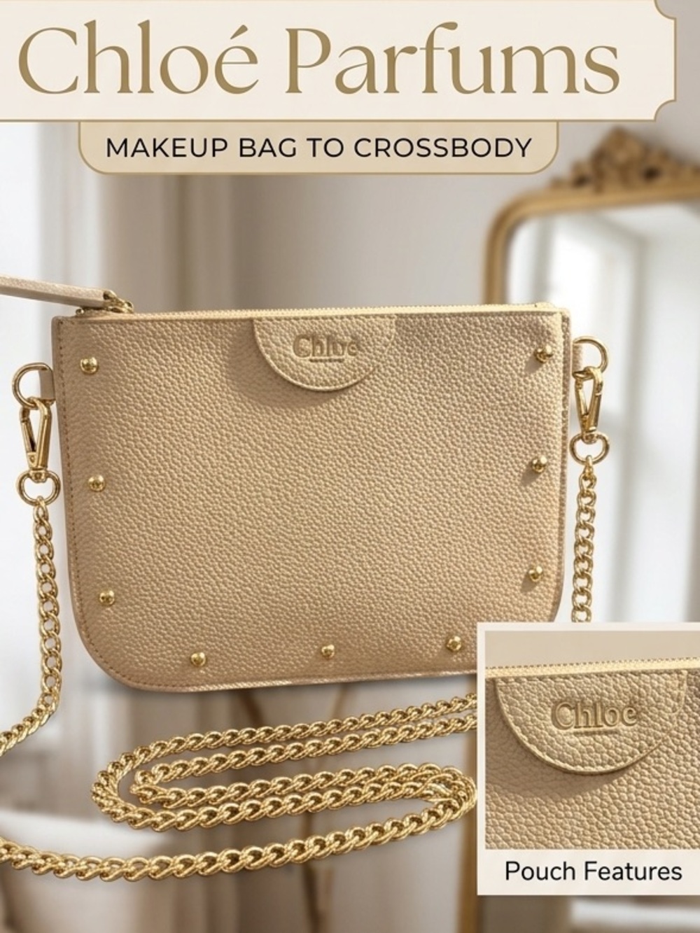 Chloé Pebbled Leather Cosmetic Pouch in Light Beige with Gold Studs